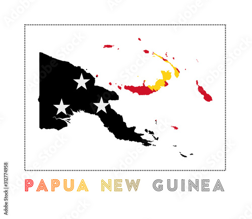 Papua New Guinea Logo. Map of Papua New Guinea with country name and flag. Cool vector illustration.