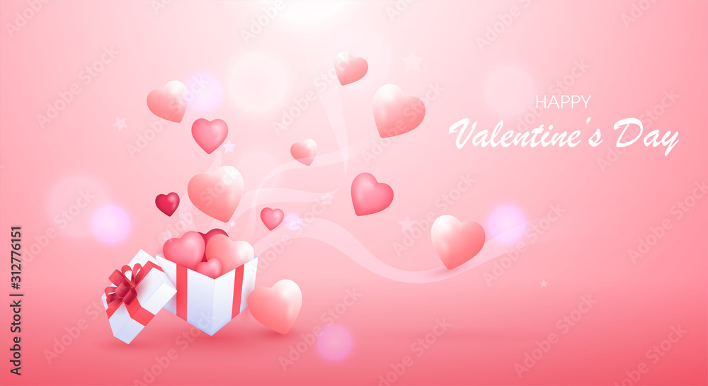 Happy Valentine's day with opening gift box and flying beautiful hearts blurred background. Valentine's day sale poster, web banner, advertising and invitation card. vector illustration