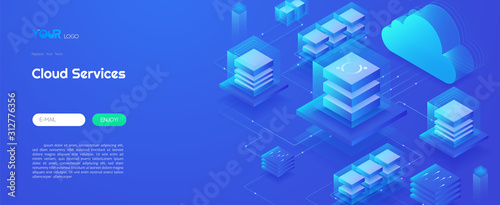 Cloud computing service technology, cloud data center and big data analysis technology concept. Web template isometric vector illustration