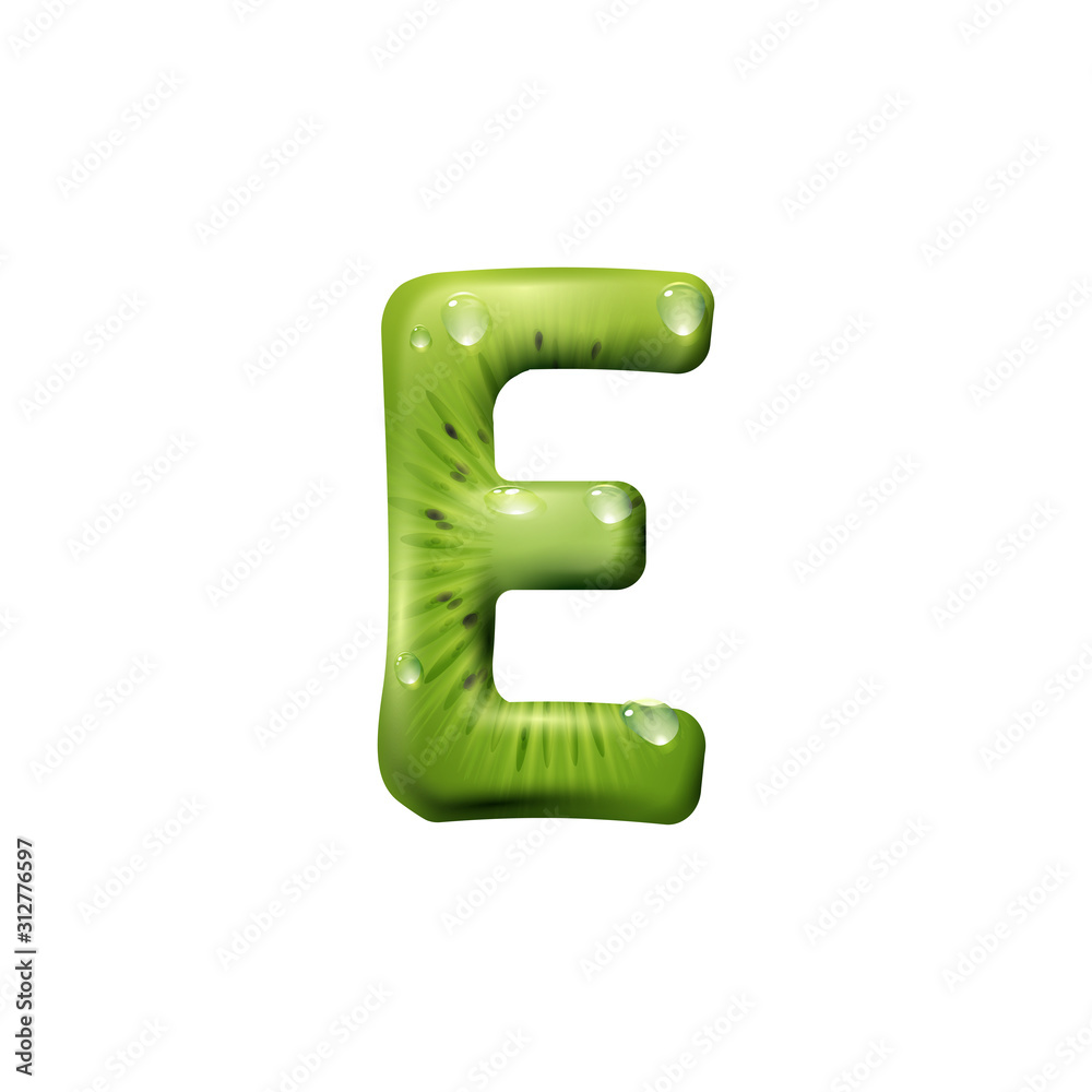 E letter of kiwi fruit isolated ABC symbol. Vector summer font with aqua splashes E letter of kiwi fruit isolated ABC symbol. Vector summer font with aqua splashes