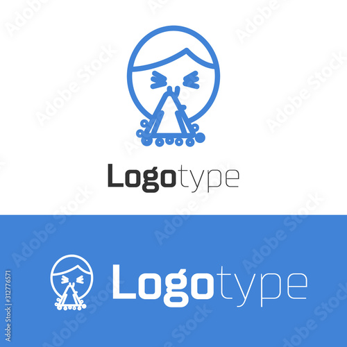 Blue line Man holding handkerchief or napkin to his runny nose icon isolated on white background. Coryza desease symptoms. Logo design template element. Vector Illustration