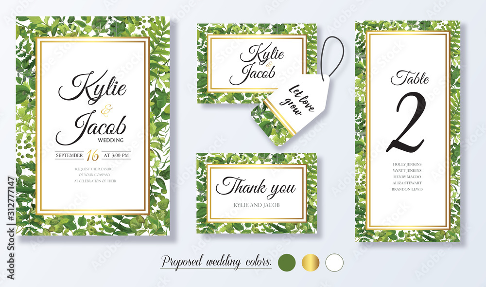 Wedding Invitation, menu, thank you, label, table number card. Floral design with green & gold watercolor leaves white flower decorative frame print Vector elegant cute rustic greeting invite postcard