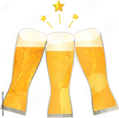 乾杯_生ビール_ビール_切り絵風_グラス_ベクター_イラスト_ドリンク_お酒_アルコール