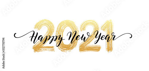 2021 Happy New Year script text hand lettering. Design template Celebration typography poster, banner or greeting card for Merry Christmas and happy new year. Vector Illustration