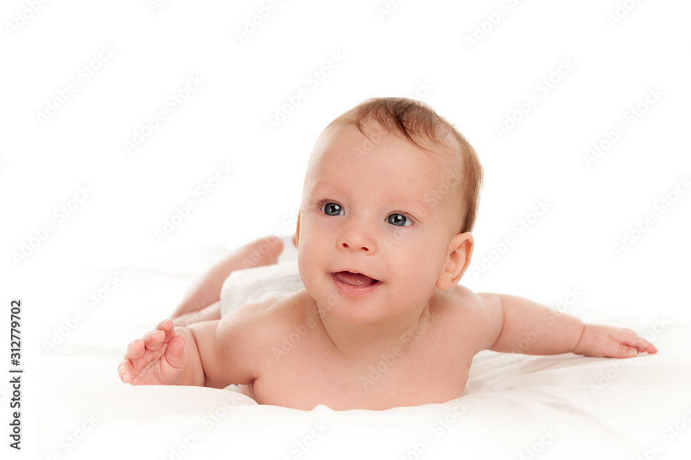 little happy motivated child is playing with dangling rattles, toys for newborn, first toy, isolated on white background, copy space, design little happy motivated child is playing with dangling rattles, toys for newborn, first toy, isolated on white background, copy space, design