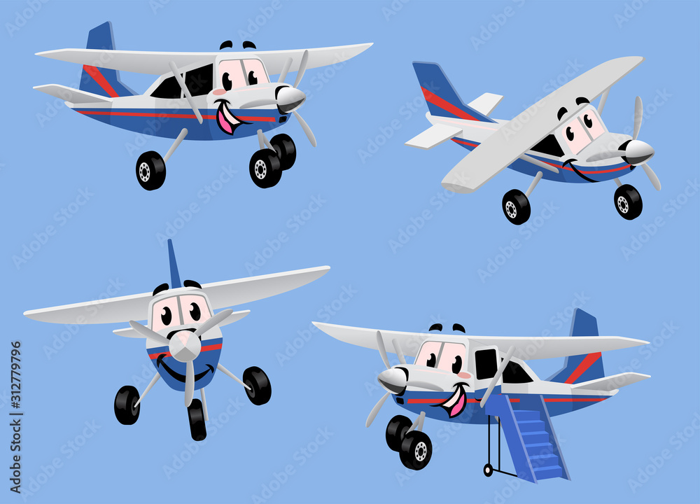 Fototapeta premium set of small turbo propelled airplane in cartoon character