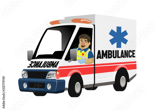 cartoon set of paramedic driving the ambulance