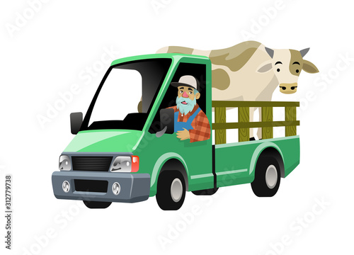 farmer cartoon driving truck transporting the cow