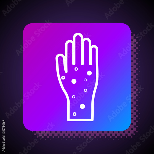White line Hand with psoriasis or eczema icon isolated on black background. Concept of human skin response to allergen or chronic body problem. Square color button. Vector Illustration