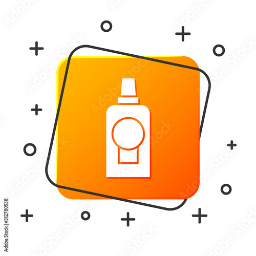 White Mouthwash plastic bottle icon isolated on white background. Liquid for rinsing mouth. Oralcare equipment. Orange square button. Vector Illustration