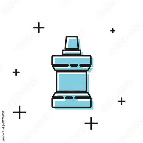 Black Mouthwash plastic bottle icon isolated on white background. Liquid for rinsing mouth. Oralcare equipment. Vector Illustration
