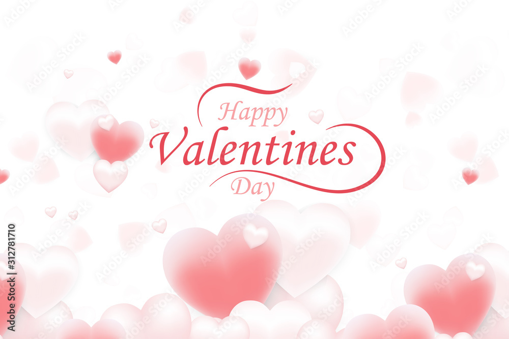Happy Valentine Day. Greeting card of love with pink hearts and font inscription. Flat vector illustration EPS10