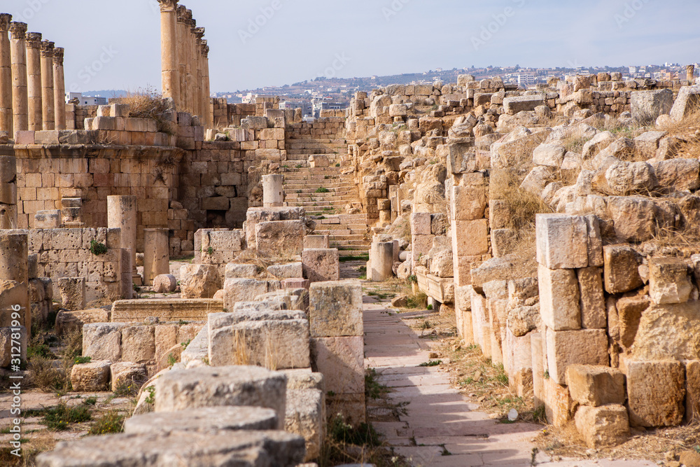 Roman ruins in the Jordanian city of Jerash. The ruins of the walled Greco-Roman settlement of Gerasa just outside the modern city.  The Jerash Archaeological Museum.