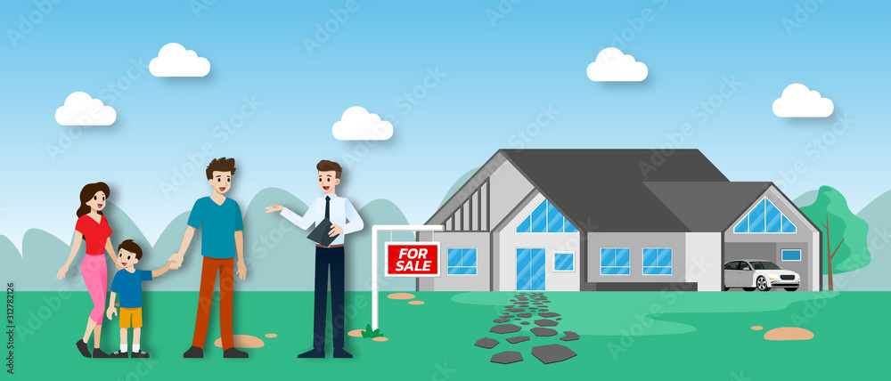The realtor shows and presenting the new beautiful modern Real Estate for sale to client with family. Vector illustration in flat design.