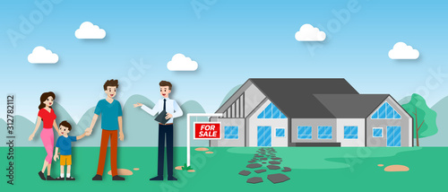 The realtor shows and presenting the new beautiful modern Real Estate for sale to client with family. Vector illustration in flat design.
