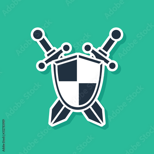 Blue Medieval shield with crossed swords icon isolated on green background. Vector Illustration