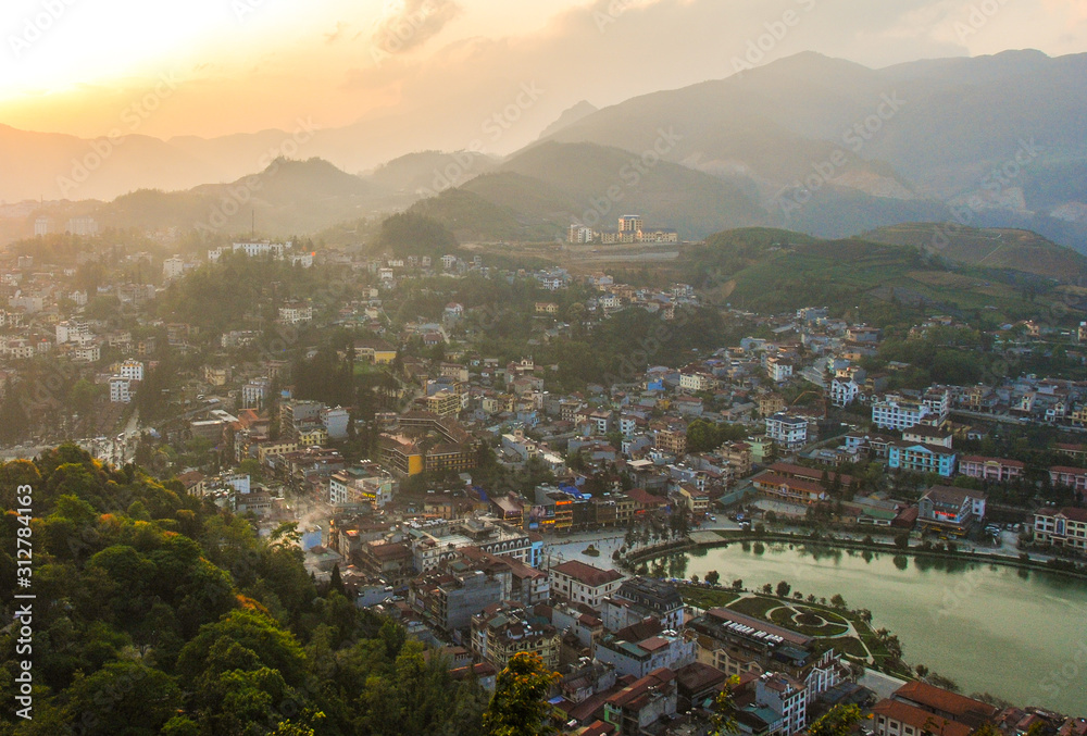 Scenic view of sunset over Sapa town, Vietnam 