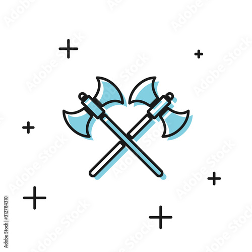 Black Crossed medieval axes icon isolated on white background. Battle axe, executioner axe. Vector Illustration