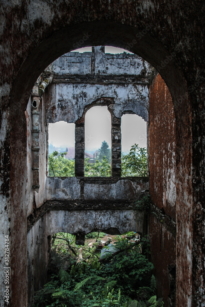 Burned and abandoned old French church in  Vietnam, urbex 