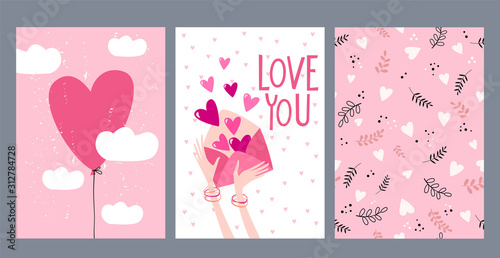 Set of Valentine's Day greeting cards with love letter, heart shape baloon an...