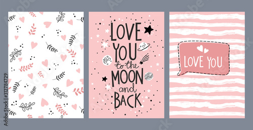 Set of Valentine's Day greeting cards. Love you to the Moon and back card