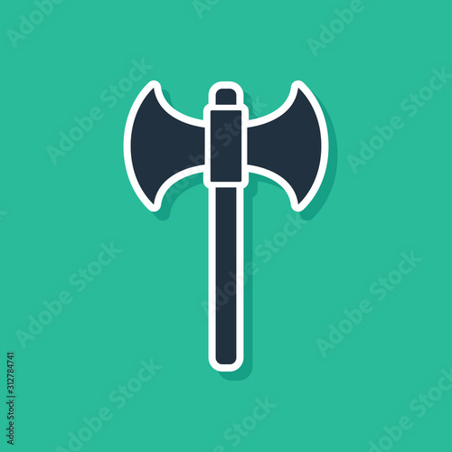 Blue Medieval axe icon isolated on green background. Battle axe, executioner axe. Vector Illustration
