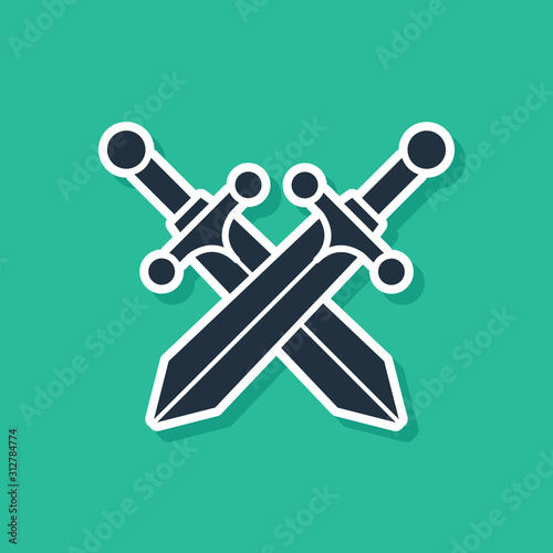 Blue Crossed medieval sword icon isolated on green background. Vector Illustration