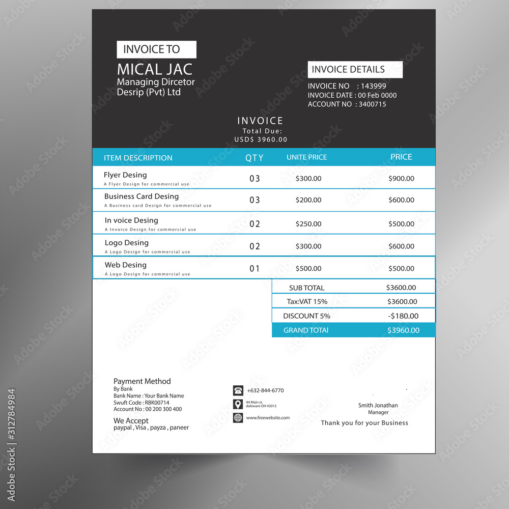 Invoice minimal design template. Bill form business invoice accounting.