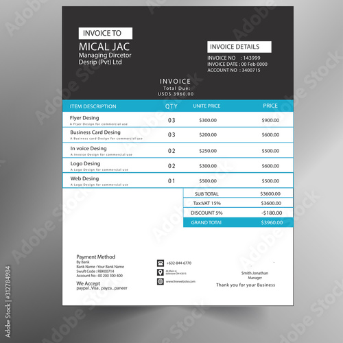 Invoice minimal design template. Bill form business invoice accounting.