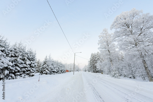 The road number 496 has covered with heavy snow in winter season at Lapland, Finland.