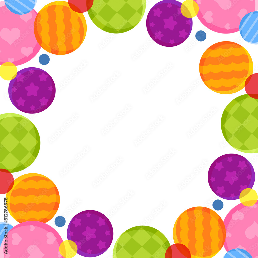 A square frame with colorful circles that look like sweets, white background, copy space A square frame with colorful circles that look like sweets, white background, copy space
