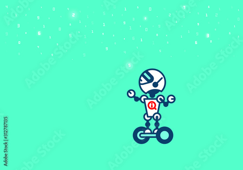 Robot on blue-green. Technology, the future. Cartoon vector illustration.