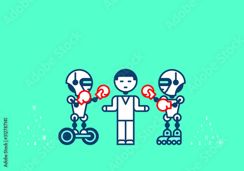 Robot on blue-green. Technology, the future. Cartoon vector illustration.