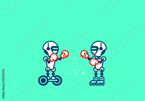 Robot on blue-green. Technology, the future. Cartoon vector illustration.