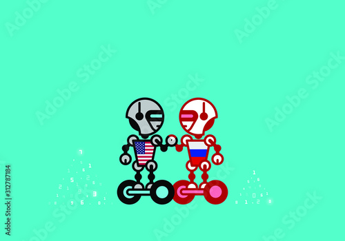 Robot on blue-green. Technology, the future. Cartoon vector illustration.
