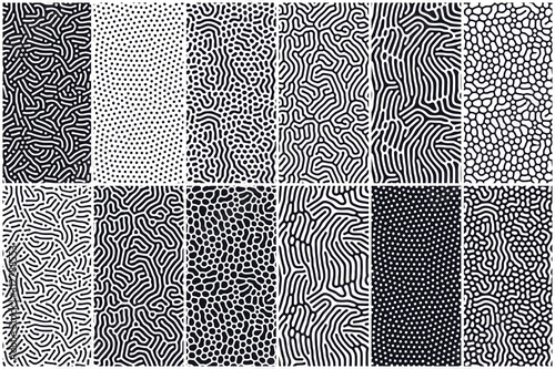 Set of organic seamless patterns with rounded lines, drips. Diffusion reaction background. Linear design with biological shapes. Structure of natural cells, maze, coral. Abstract vector illustration.