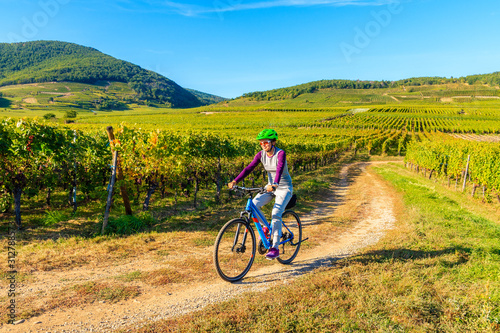 Young woman cycling on road along vineyards from Riquewihr to Kaysersberg village, Alsace Wine Route, France
