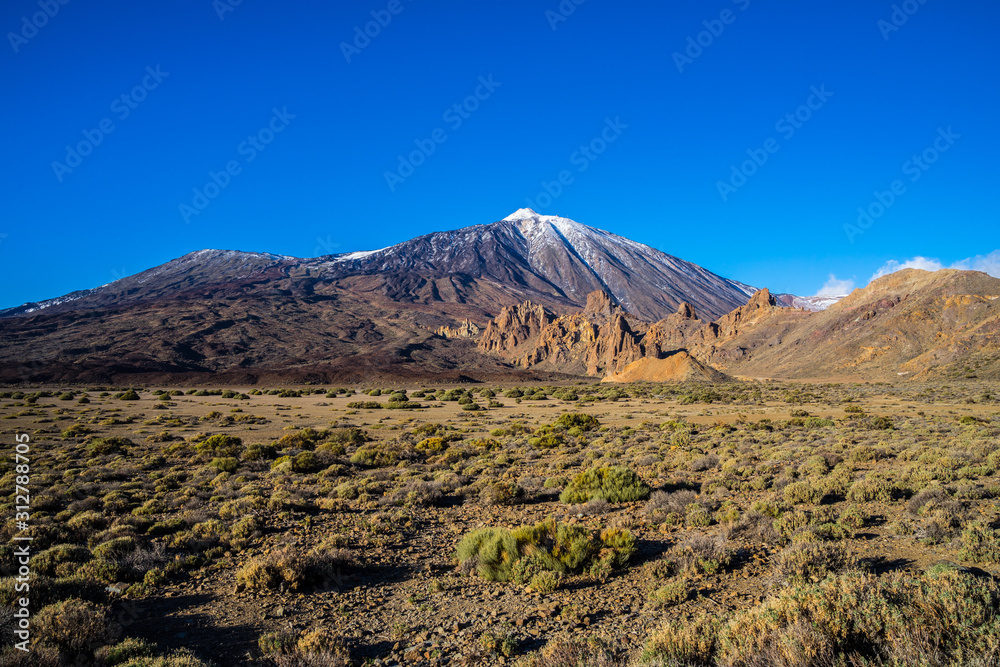 Spain, Tenerife, Volcanic lava nature landscape and some green plants in rocky caldera desert surrounding snow covered peak of mount teide volcano Spain, Tenerife, Volcanic lava nature landscape and some green plants in rocky caldera desert surrounding snow covered peak of mount teide volcano