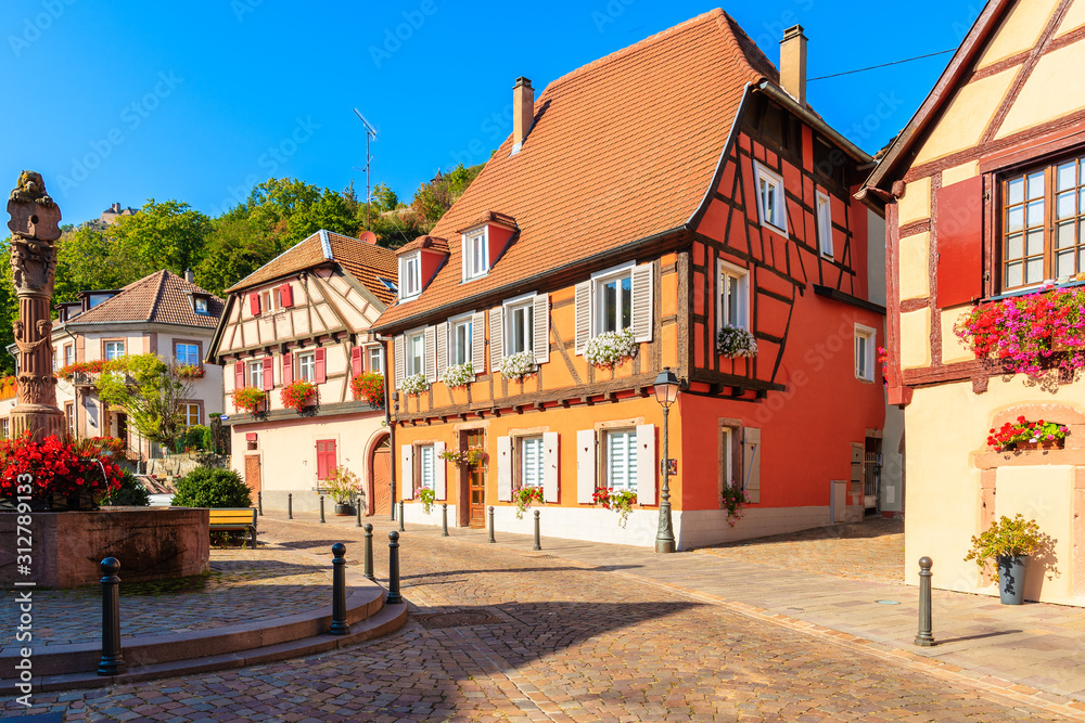 Beautiful traditional colorful houses in picturesque Ribeauville village, Alsace wine region, France