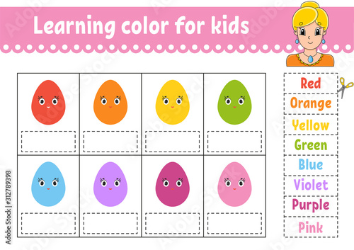 Learning color for kids. Education developing worksheet. Activity page with color pictures. Pretty girl. Riddle for children. Isolated vector illustration. Funny character. Cartoon style.