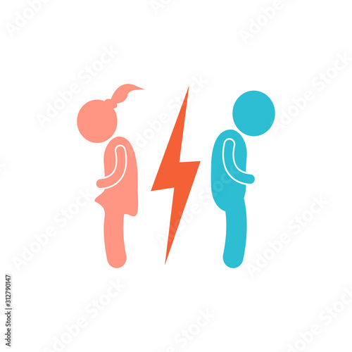 Vector divorce icon. The man and the woman near the lightning icon on white isolated background. Layers grouped for easy editing illustration. For your design.