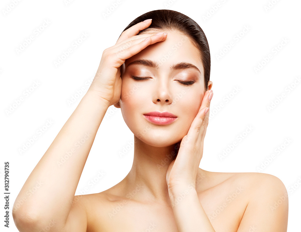 Woman Face Beauty Skin Care, Beautiful Girl Healthy Make Up, Touching Makeup by Hands, Natural Skincare and Treatment Woman Face Beauty Skin Care, Beautiful Girl Healthy Make Up, Touching Makeup by Hands, Natural Skincare and Treatment
