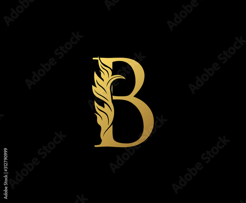 Gold B Floral Luxury Logo Icon, Classy B Swirl Letter Logo Design.