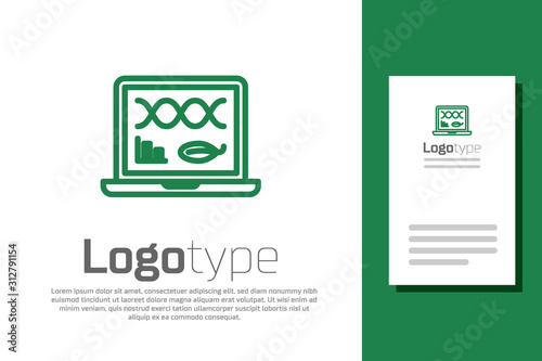 Green line Genetic engineering modification on laptop icon isolated on white background. DNA analysis, genetics testing, cloning. Logo design template element. Vector Illustration