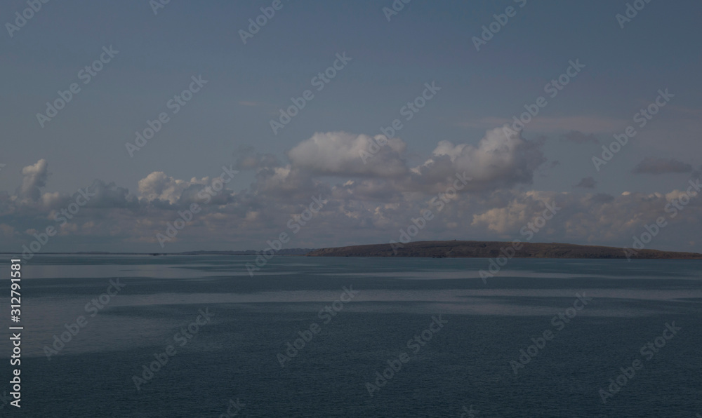 Fototapeta premium Travel by ferry from Kazakhstan to Azerbaijan on the Caspian sea. From the port of Kuryk to the port of Alat. Seascape.