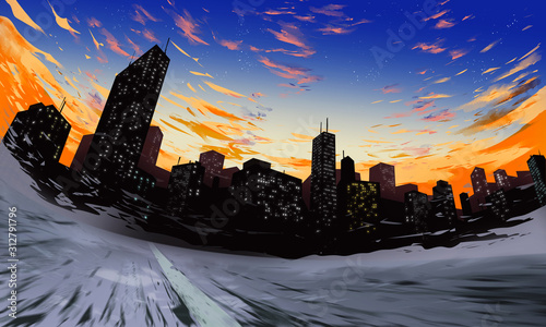 Skyline with street and sundown Illustration