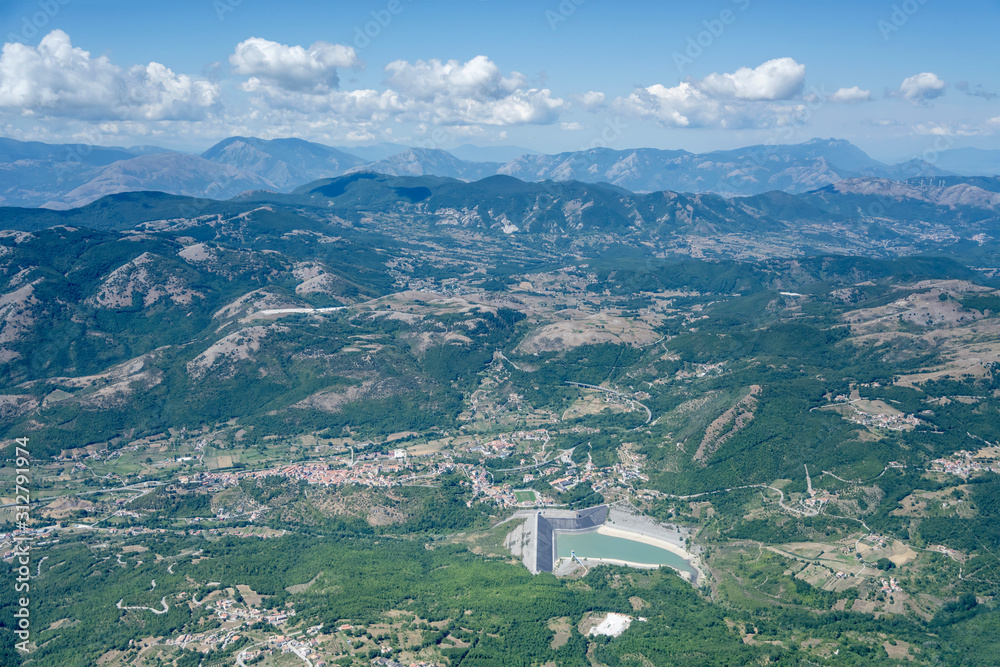 dam and lake at Marsico nuovo aerial from east, Italy