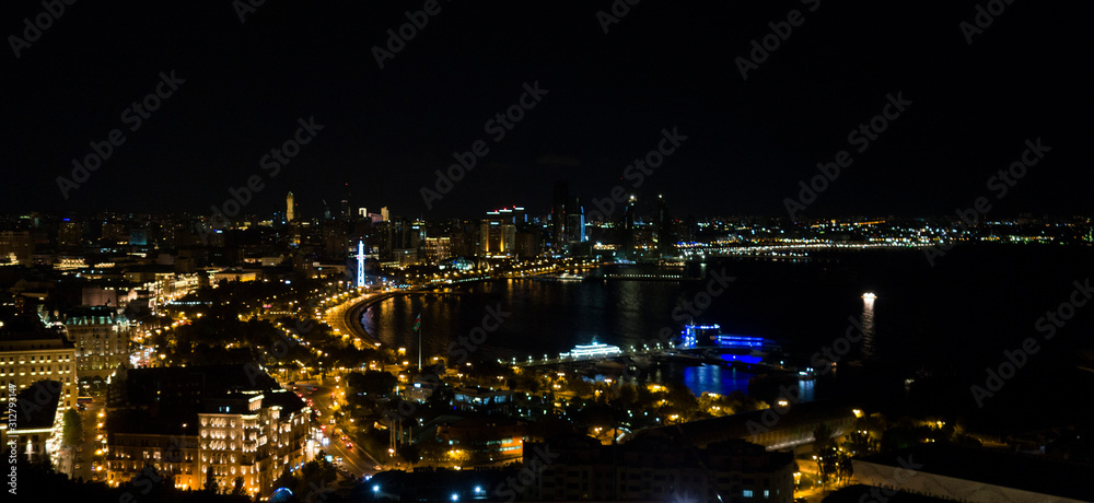 A walk through the night Baku. View of the city from a height. Azerbaijan