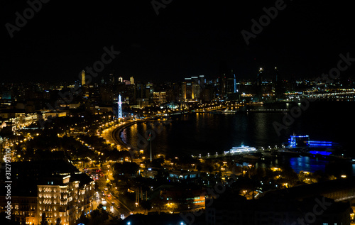 A walk through the night Baku. View of the city from a height. Azerbaijan