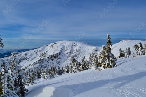 Krkonose Mountains in winter, Czech Republic. Mountain Kotel covered with snow, frozen trees, blue sky with white clouds. 